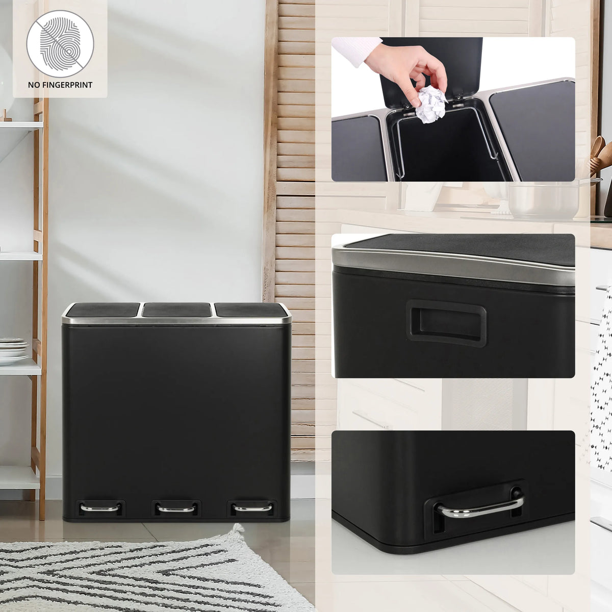Papelera triple Clean 9 en negro con tres tapas abatibles independientes y pedales de hjh OFFICE