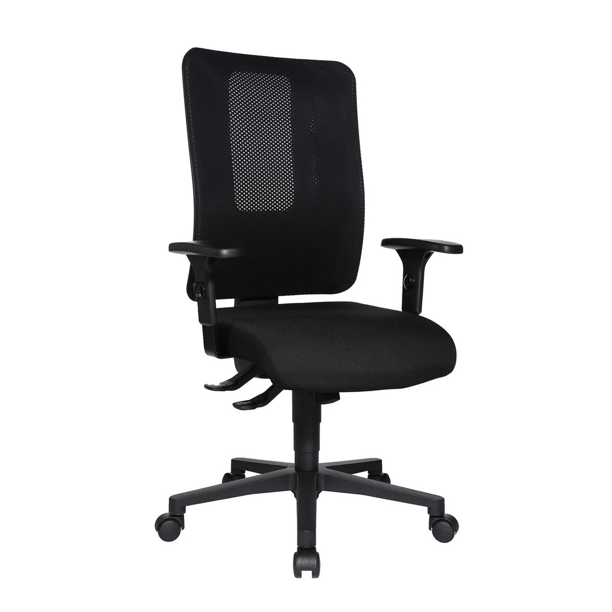 Silla de oficina profesional HJH WORK PRO negra con respaldo de malla y base de cinco ruedas de Topstar – vista de 360° (vista frontal en diagonal 60°)