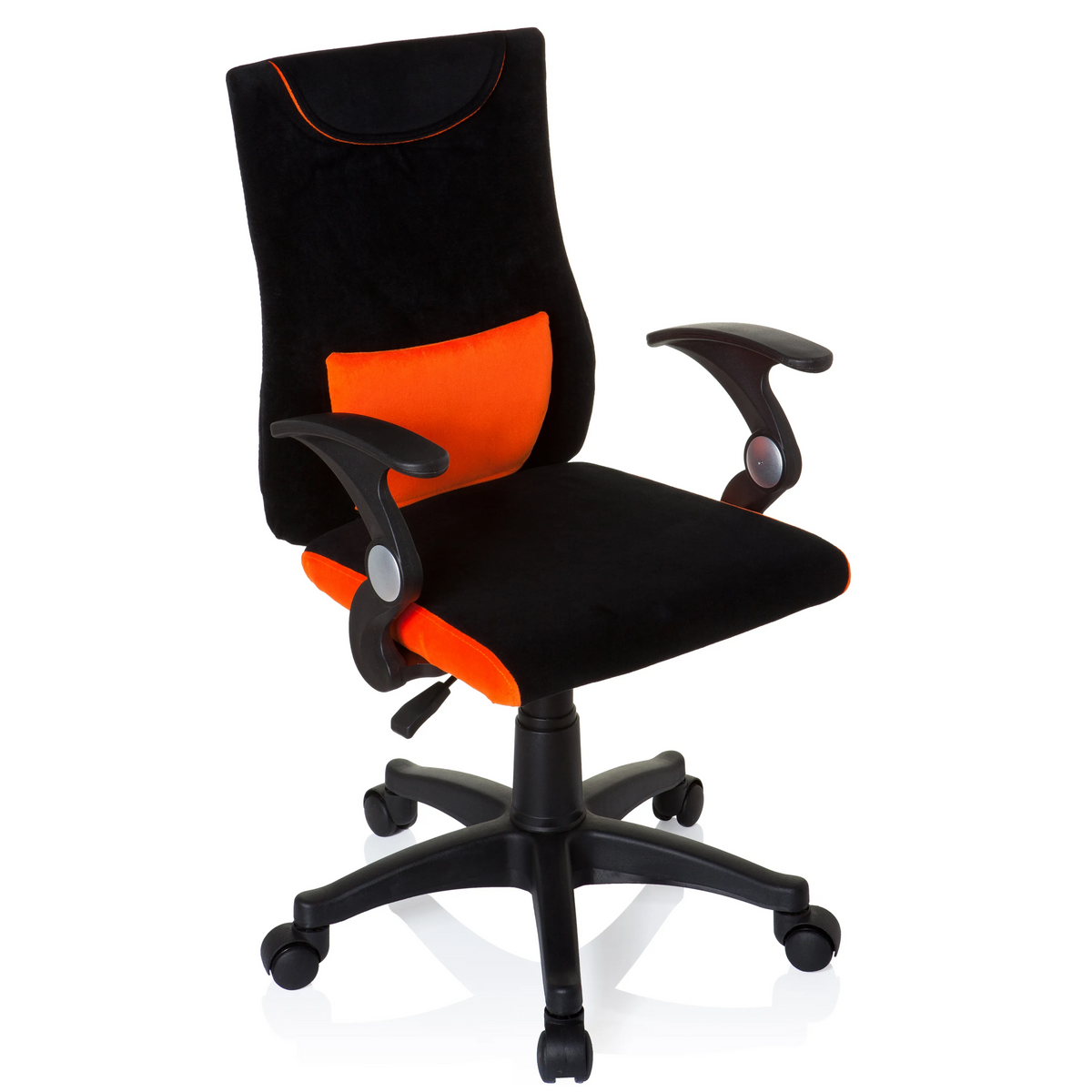 Schwarz-orangefarbener Kinderdrehstuhl KIDDY PRO AL mit Lendenkissen und Fußkreuz mit fünf Rollen von hjh OFFICE – 360-Grad-Ansicht (schräge Frontansicht 40°)
