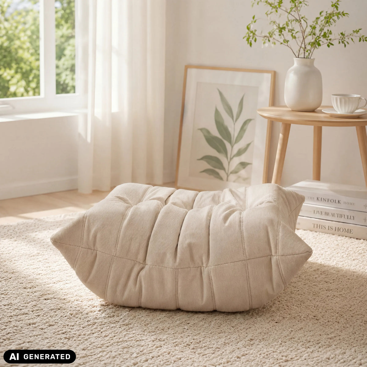 Puf Sitzolo Podi beige con estructura acolchada sobre una alfombra clara de hjh LIVING (imagen generada por IA)