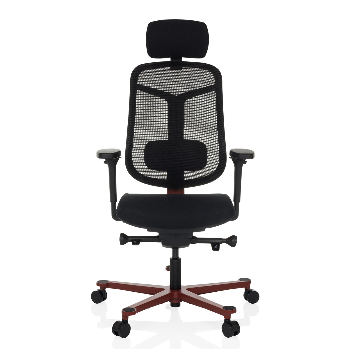 Silla alta gama BICOLORE HIGH negra con respaldo de malla, reposacabezas y base de cinco ruedas en color rojo de hjh OFFICE – vista de 360° (vista frontal 0°)