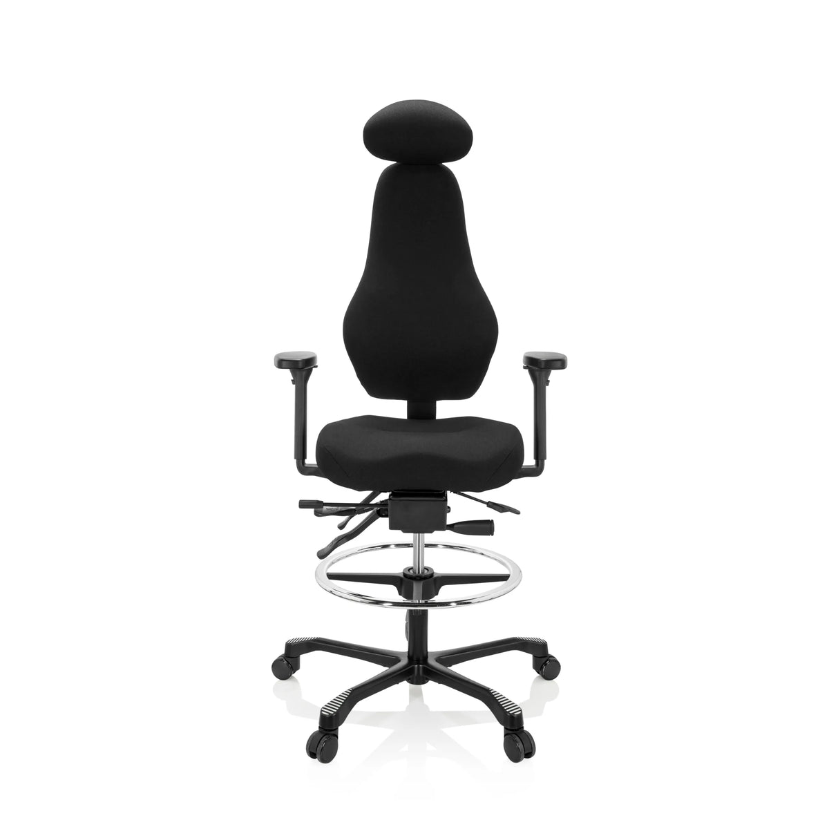Schwarzer Counterstuhl RESISTIO WORK mit Kopfstütze, Fußring und Fußkreuz mit fünf Rollen von hjh OFFICE – 360-Grad-Ansicht (Frontansicht 0°)