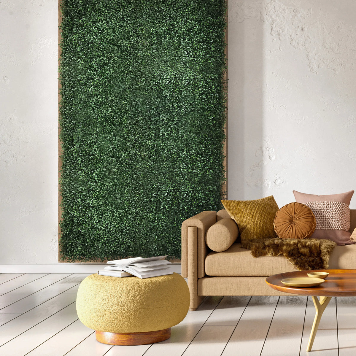 Estera vegetal verde LEAFLUXE 1 como decoración de pared vertical en una sala de estar de hjh LIVING