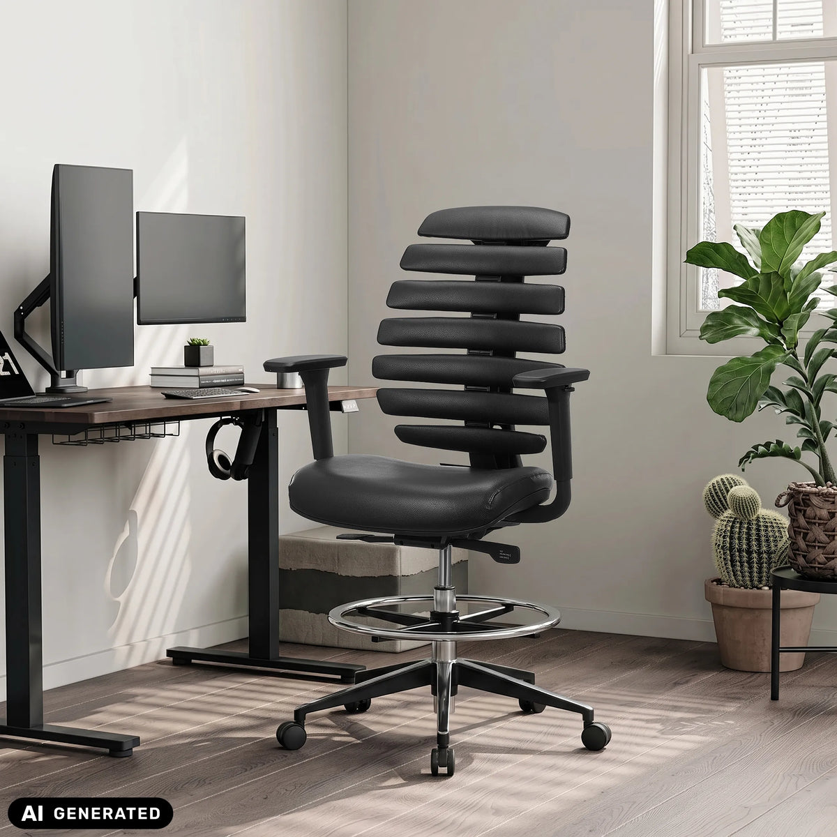 Silla de mostrador ERGO LINE II WORK negra de cuero sintético con reposapiés de hjh OFFICE (imagen generada por IA)