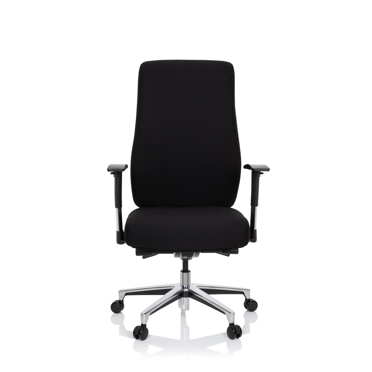 Silla de oficina profesional FORCOM negra con reposabrazos y base de cinco ruedas de hjh OFFICE – vista de 360° (vista frontal 0°)