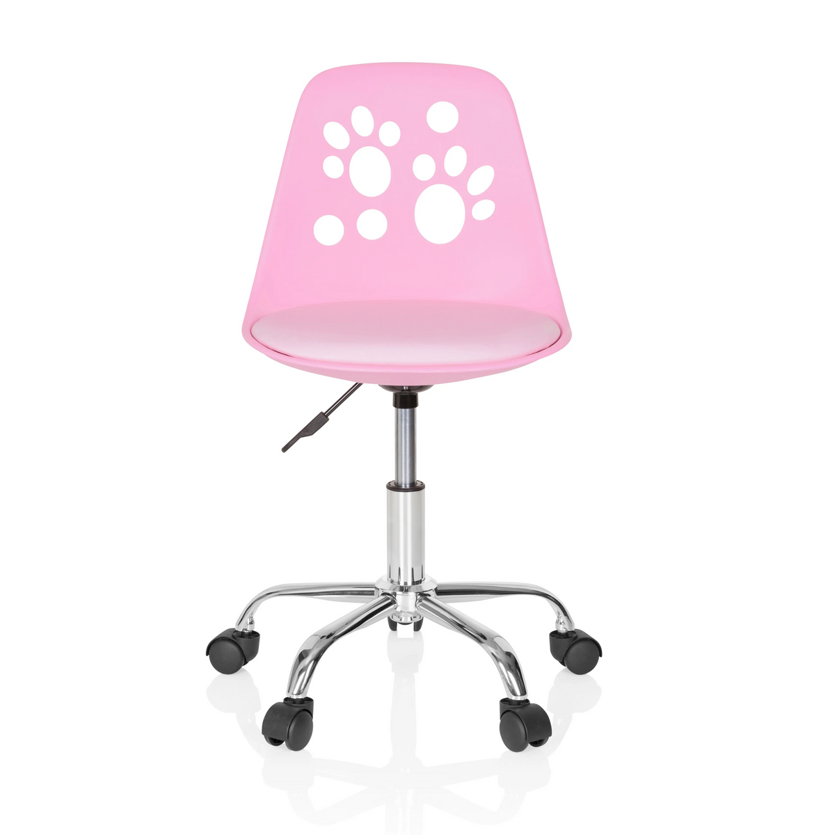 Rosa Kinderdrehstuhl FANCY I mit Pfoten-Motiven in der Rückenlehne und Fußkreuz mit fünf Rollen von hjh OFFICE – 360-Grad-Ansicht (Frontansicht 0°)