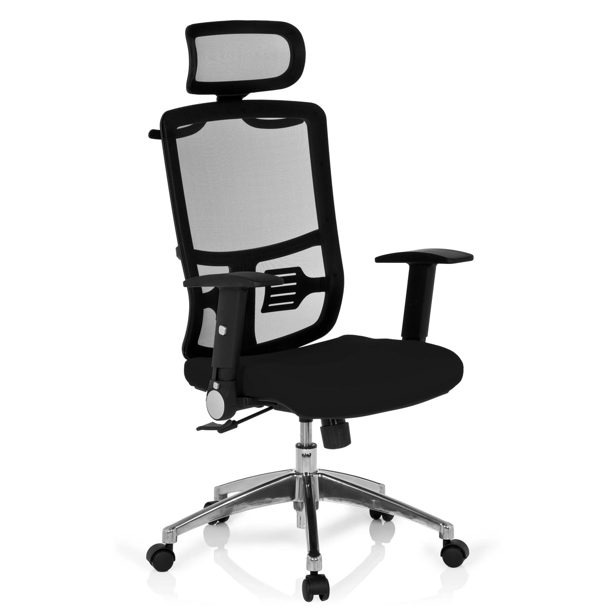 Silla de oficina profesional CAYEN negra con respaldo de malla, reposacabezas y base de cinco ruedas de hjh OFFICE – vista de 360° (vista frontal en diagonal 40°)