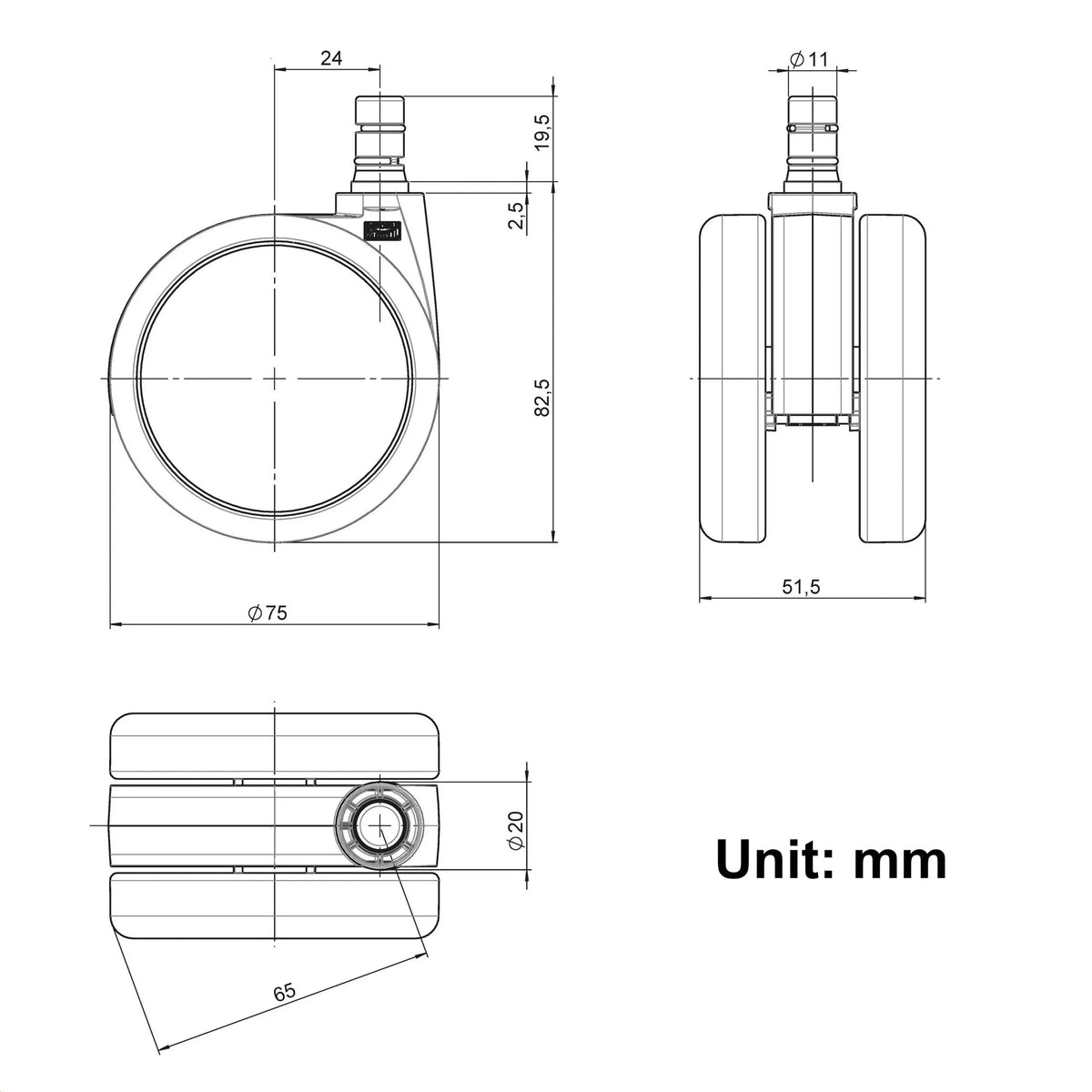 Dibujo técnico de las Ruedas para sillas 5x ROLO No-Noise 11mm/75mm con un diámetro de 75 mm de hjh OFFICE