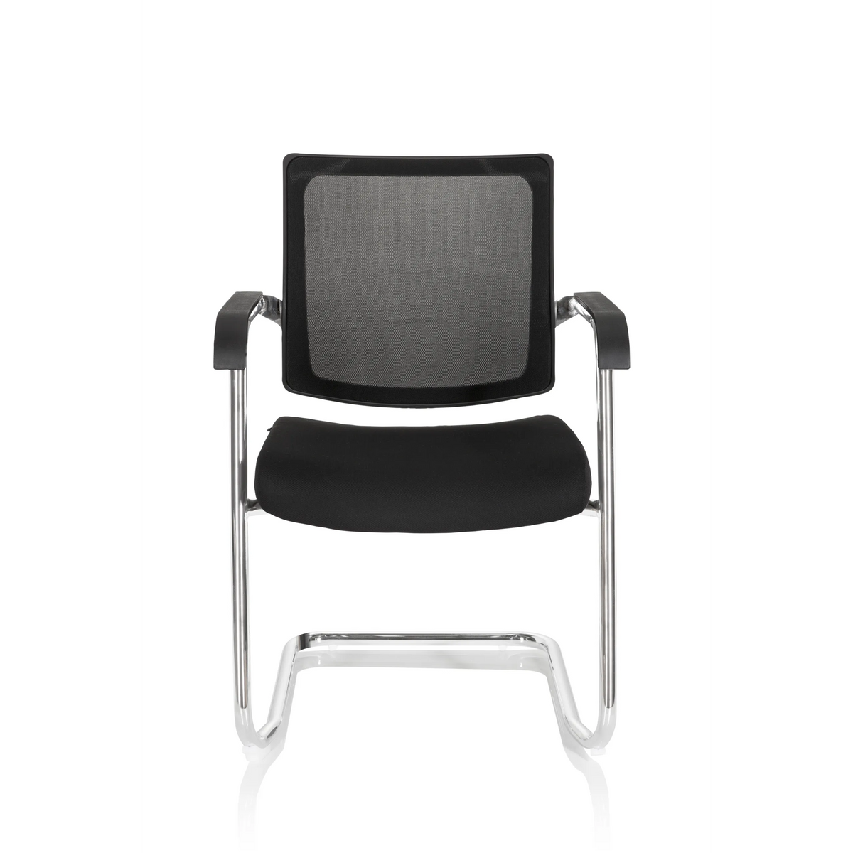 Silla de viga voladiza LEVIA V negra con respaldo de malla, reposabrazos y estructura de patín de hjh OFFICE – vista de 360° (vista frontal 0°)
