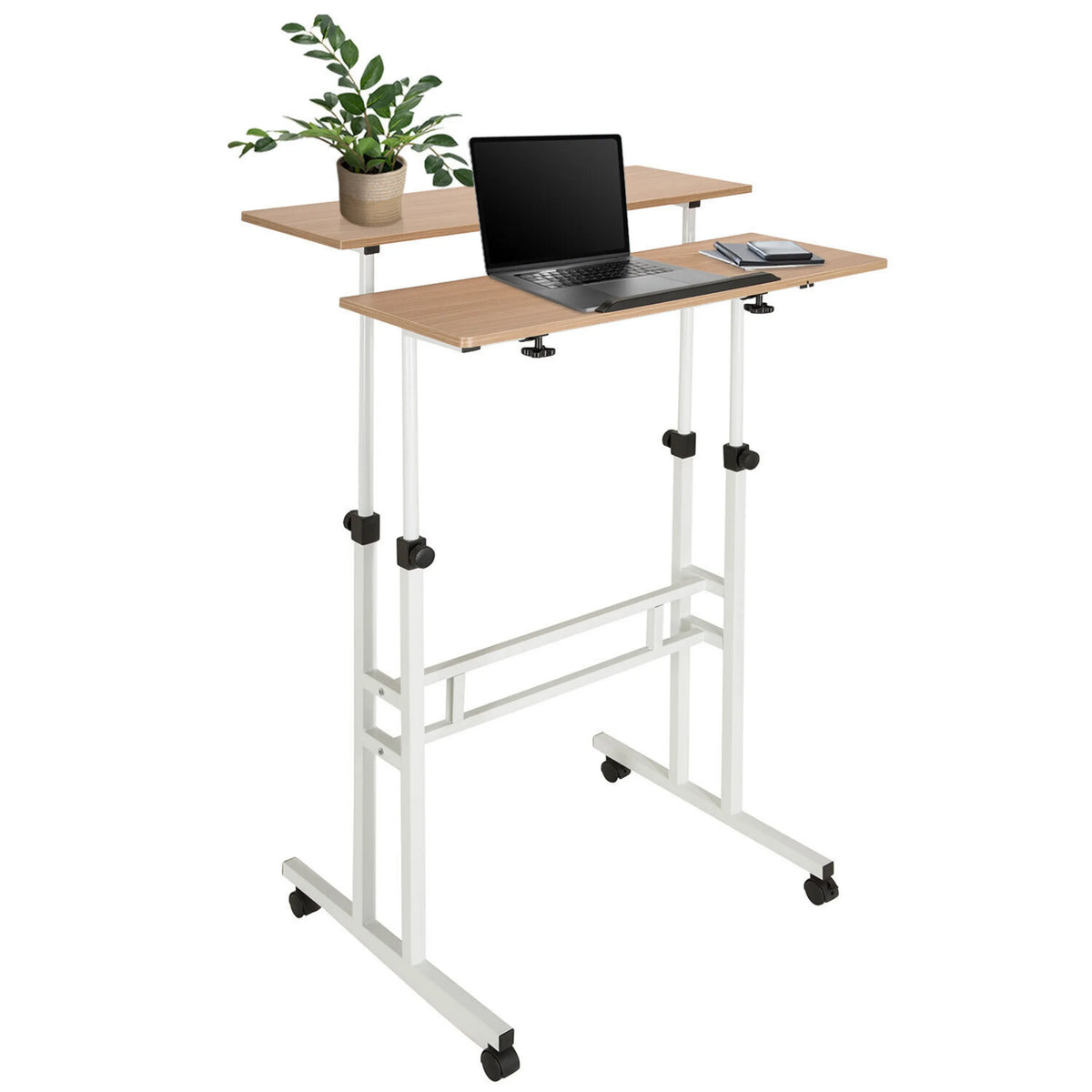 Escritorio de pie WORKSTATION I en blanco y roble con dos niveles y ruedas de hjh OFFICE