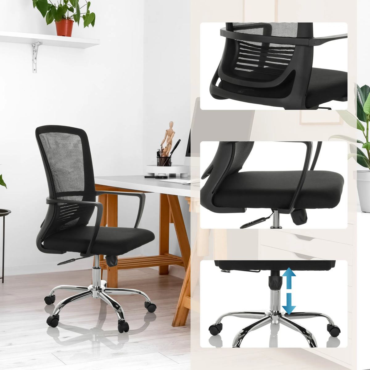 Silla Home Office STAR-TEC S acolchada en negro con respaldo de malla y pistón de gas de hjh OFFICE