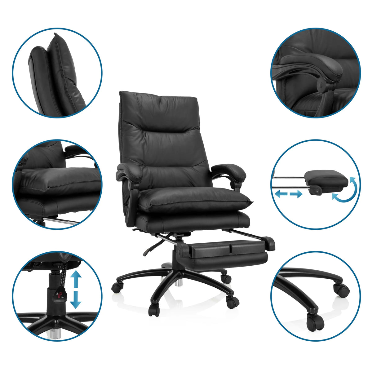 Sillón de oficina Home Office RELAX CL 200 de cuero sintético negro con reposapiés extensible y vistas detalladas de MyBuero