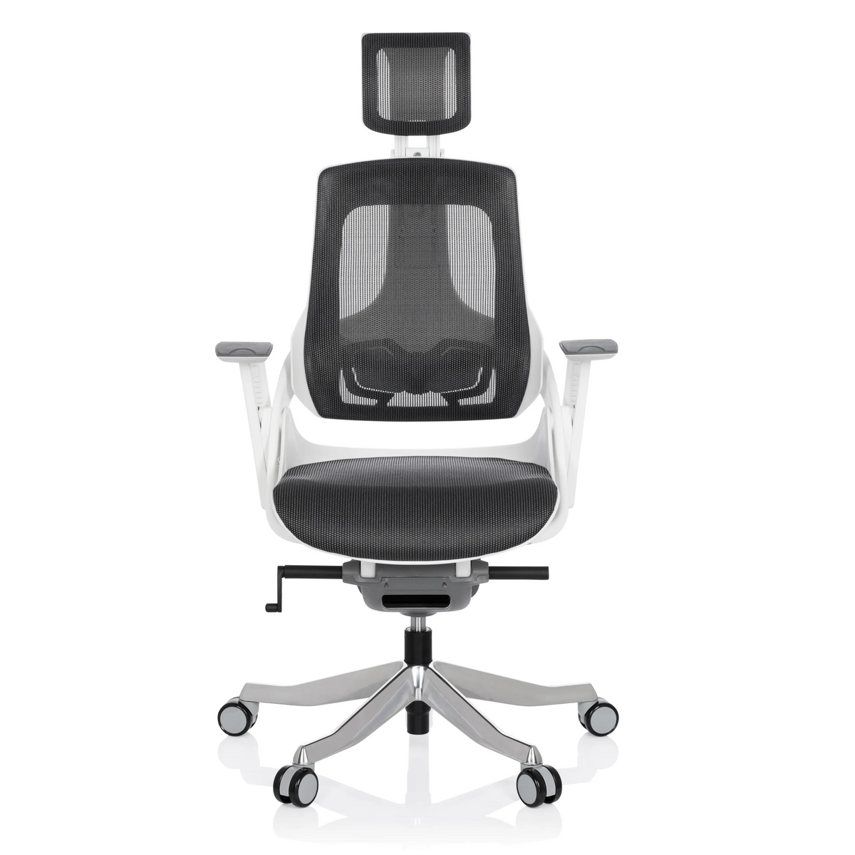 Silla de oficina profesional SPEKTRE gris con respaldo de malla y base de cinco ruedas de hjh OFFICE – vista de 360° (vista frontal 0°)