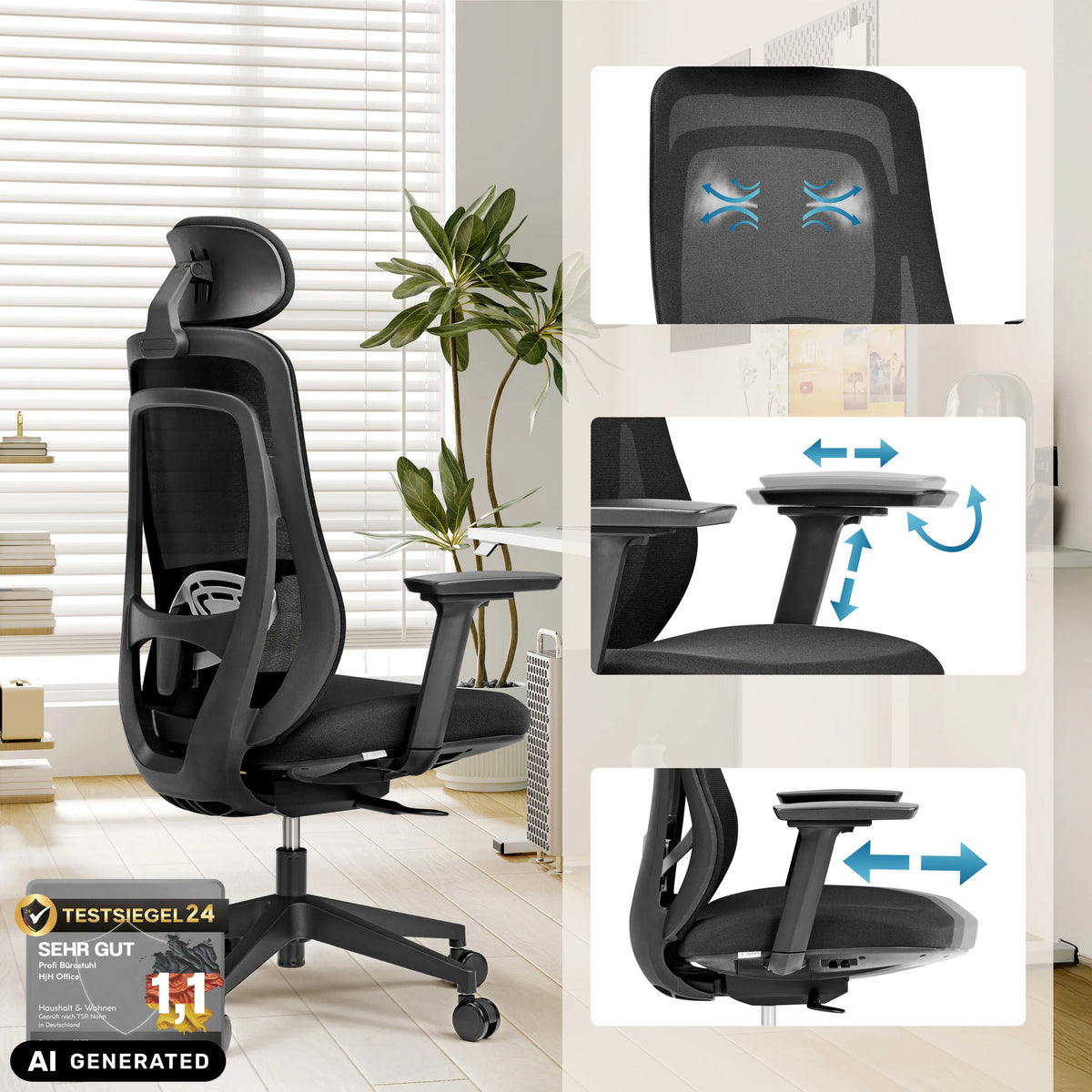 Silla de oficina profesional Vivadapt con reposacabezas ajustable y reposabrazos 3D de hjh OFFICE (imagen generada por IA)