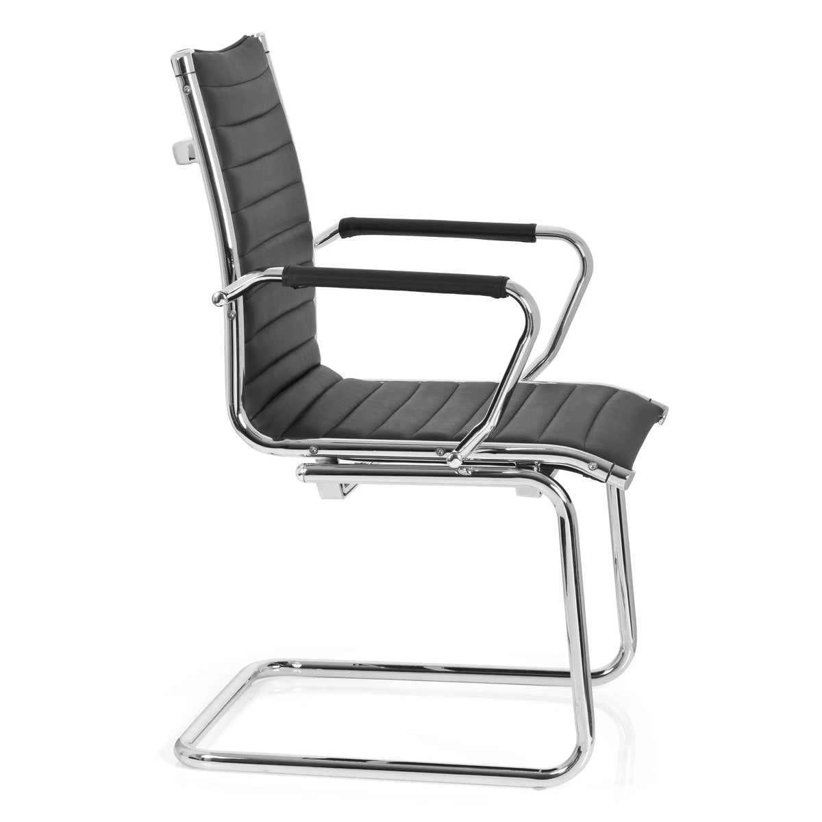 Silla de viga voladiza VEMONA V negra con costuras transversales y reposabrazos de cromo de hjh OFFICE – vista de 360° (vista lateral 80°)