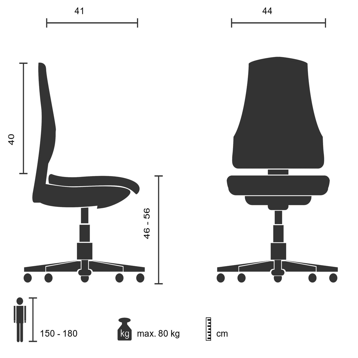 Technische Zeichnung des Homeoffice-Bürostuhls FANCY PRO mit einer maximalen Belastung von 80 kg von hjh OFFICE
