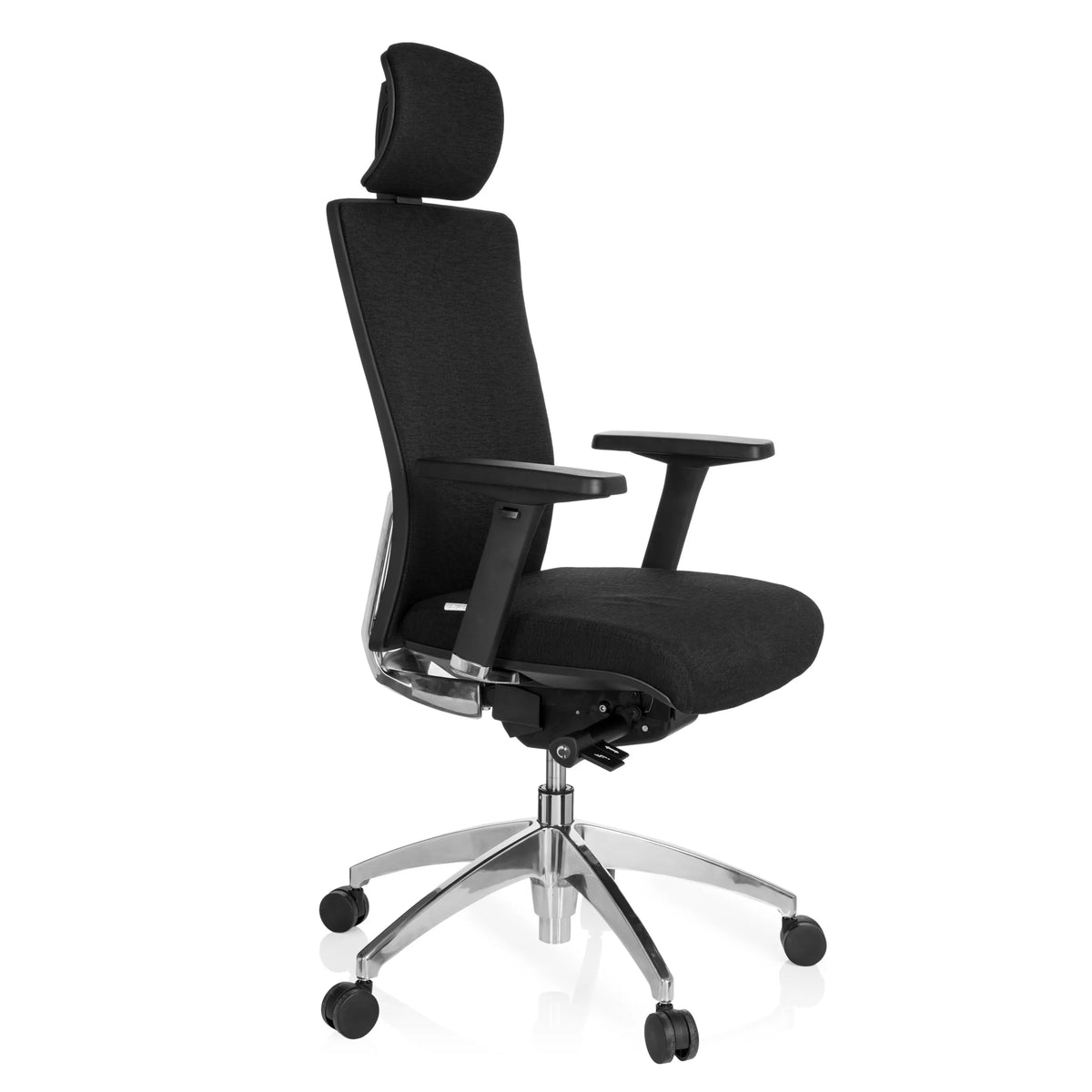 Silla de oficina profesional ASTRA LUX negra con reposacabezas, reposabrazos y base de cinco ruedas de hjh OFFICE – vista de 360° (vista frontal en diagonal 60°)