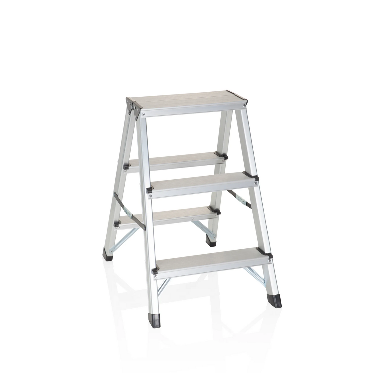 Escalera plegable SOLID plateada de aluminio con tres peldaños de hjh OFFICE – vista de 360° (vista frontal 20°)