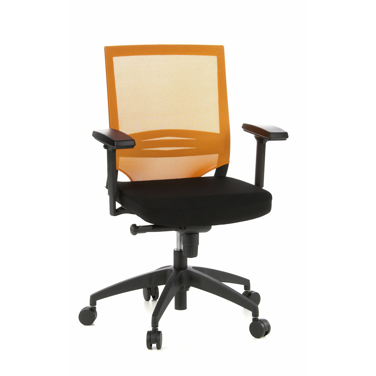 Silla de oficina profesional PORTO BASE en negro y naranja con respaldo de malla y base de cinco ruedas de hjh OFFICE – vista de 360° (vista frontal 20°)