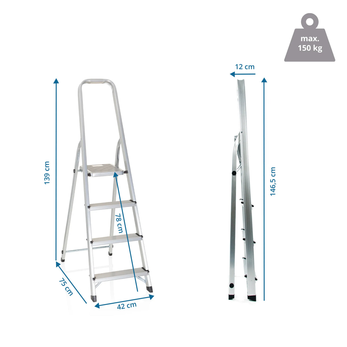 Dibujo dimensional de la Escalera plegable SOLID II con una altura de 139 cm y una capacidad de carga de 150 kg de hjh OFFICE