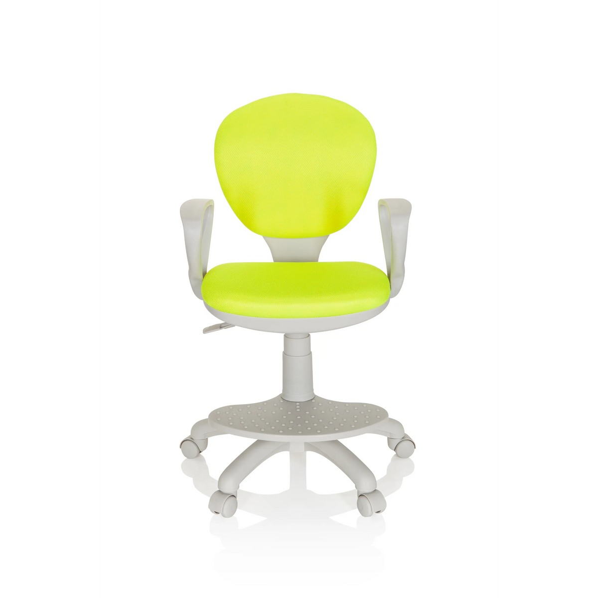 Silla giratoria para niños KID COLOUR G1 verde con reposabrazos grises y base de cinco ruedas de hjh OFFICE – vista de 360° (vista frontal 0°)