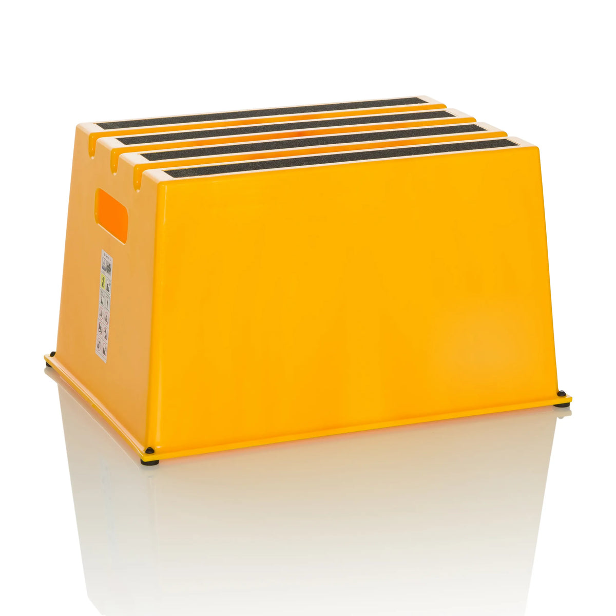 Taburete bajo amarillo TIO-E1 con tres peldaños antideslizantes de hjh OFFICE – vista de 360° (vista frontal 15°)