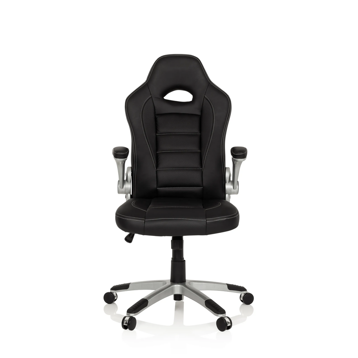 Silla gaming negra GAME SPORT con reposacabezas, reposabrazos y base plateada de cinco ruedas de hjh OFFICE – vista de 360° (vista frontal 0°)