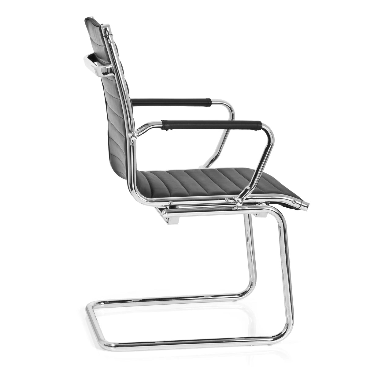 Silla de viga voladiza VEMONA V negra con costuras transversales y reposabrazos de cromo de hjh OFFICE – vista de 360° (vista lateral 100°)