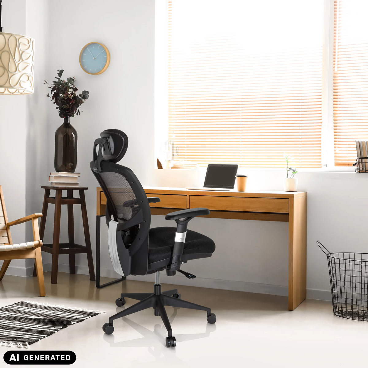 Silla alta gama VENUS BASE negra con respaldo de malla y reposacabezas en oficina en casa de hjh OFFICE (imagen generada por IA)