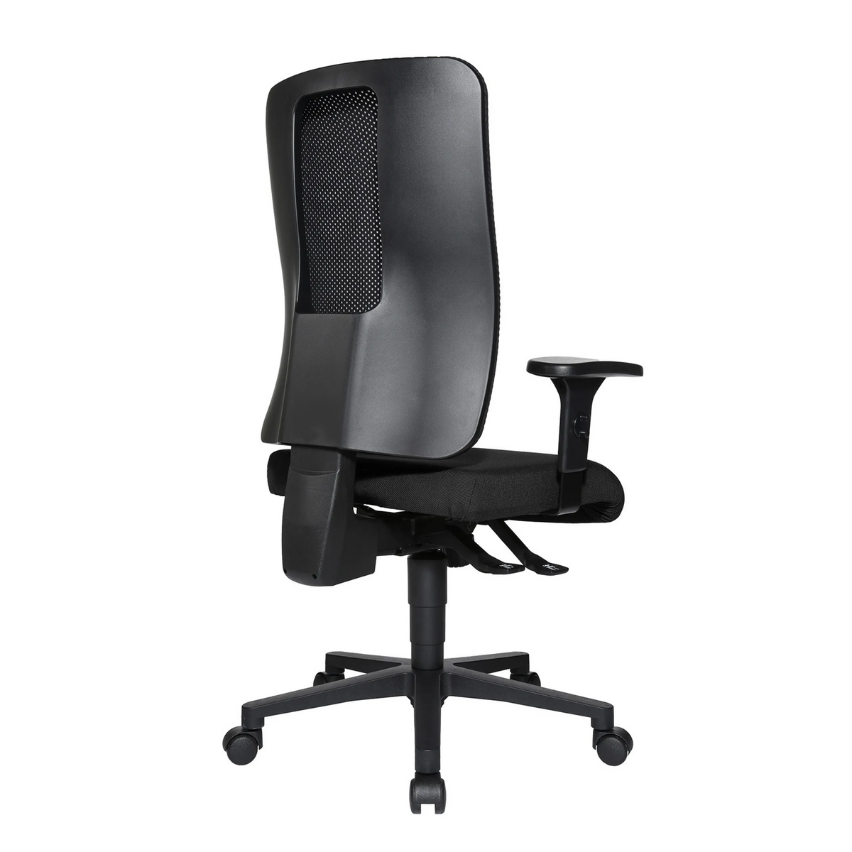 Silla de oficina profesional HJH WORK PRO negra con respaldo de malla y base de cinco ruedas de Topstar – vista de 360° (vista trasera 180°)