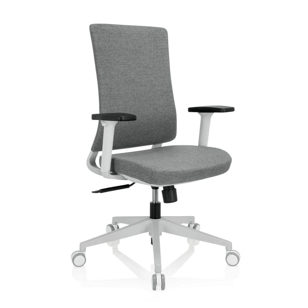 Silla de oficina profesional COMFIO WP gris con reposabrazos y base blanca de cinco ruedas de hjh OFFICE – vista de 360° (vista frontal en diagonal 40°)