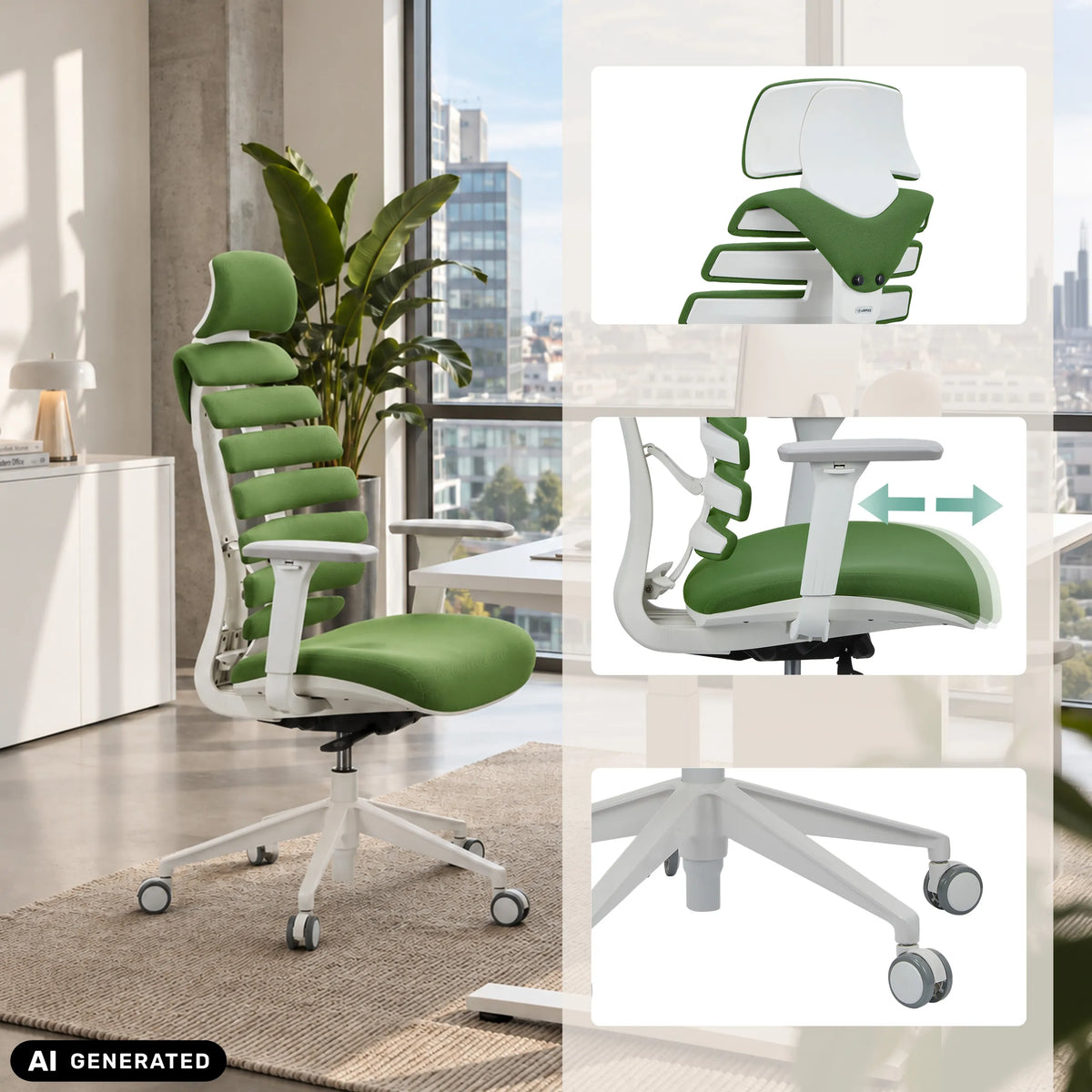 Silla de oficina profesional ERGO LINE W en Mystic Forest con vistas detalladas de hjh OFFICE (imagen generada por IA)
