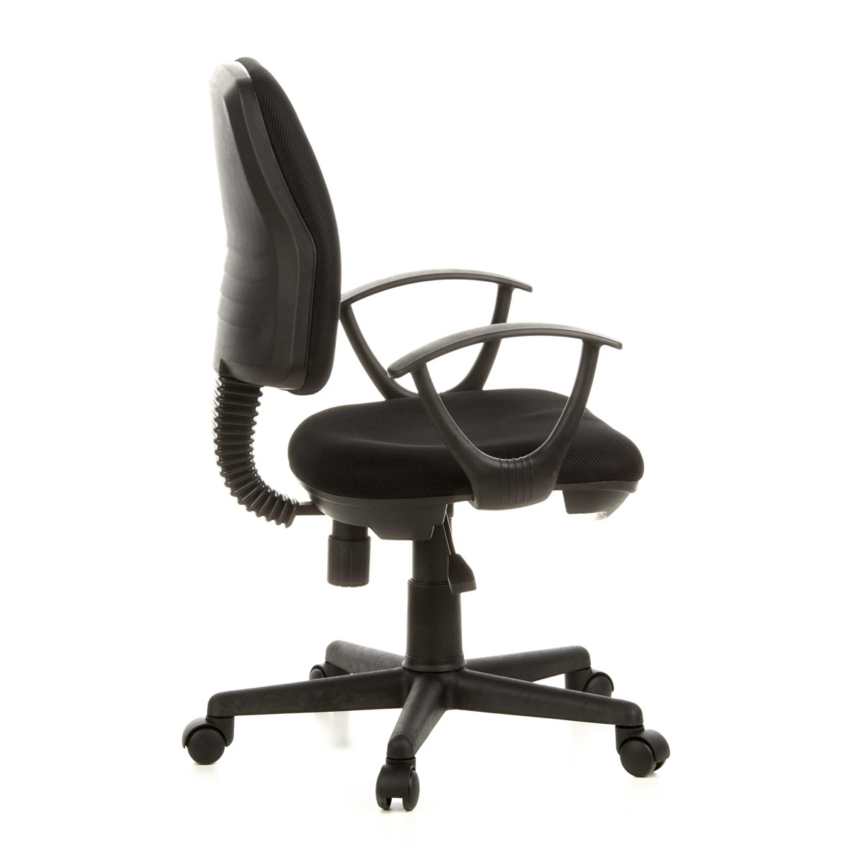 Silla Home Office CITY 10 negra con respaldo de malla, reposabrazos y base de cinco ruedas de hjh OFFICE – vista de 360° (vista lateral 100°)