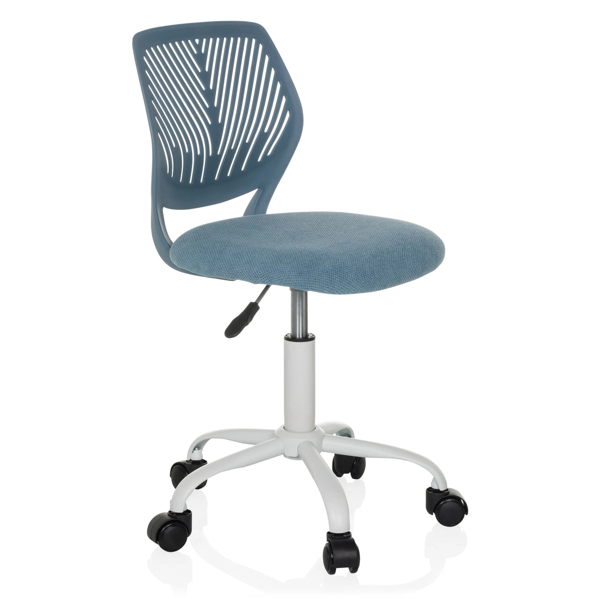 Silla giratoria para niños KID QW azul con respaldo perforado y base blanca de cinco ruedas de hjh OFFICE – vista de 360° (vista frontal en diagonal 45°)