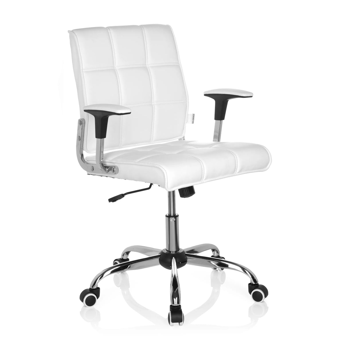Silla Home Office ERNESTO blanca con tapicería acolchada y base de cinco ruedas de hjh OFFICE – vista de 360° (vista frontal en diagonal 40°)