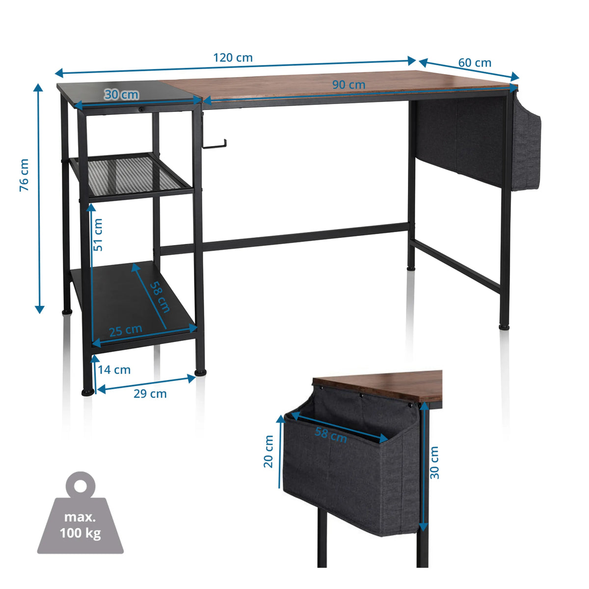 Dibujo técnico del Escritorio WORKSPACE H I de 120 × 60 cm y una capacidad de carga de 100 kg de hjh OFFICE