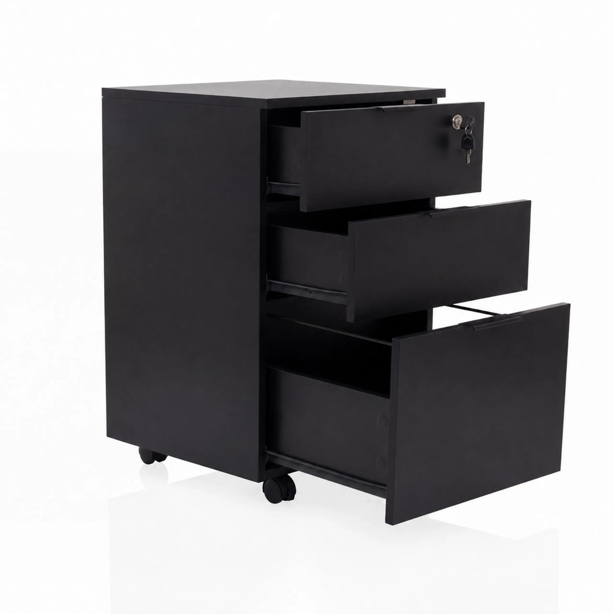 Archivador rodante DAVIK negro con tres cajones parcialmente abiertos y cerradura de hjh OFFICE