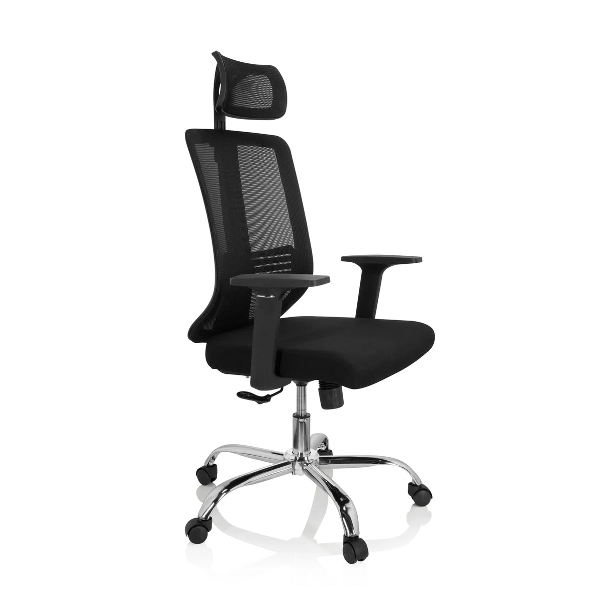 Silla Home Office ZH 200 negra con respaldo de malla y base de cinco ruedas de hjh OFFICE – vista de 360° (vista frontal en diagonal 60°)