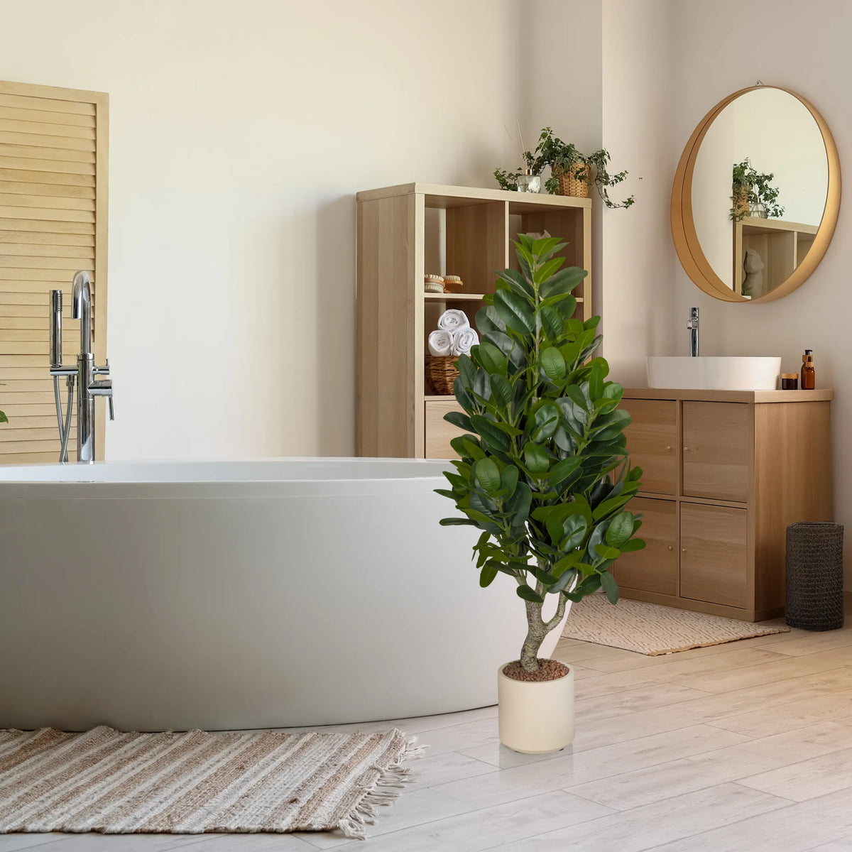 Planta artificial Garcinia en verde con una maceta blanca en un baño luminoso de hjh OFFICE
