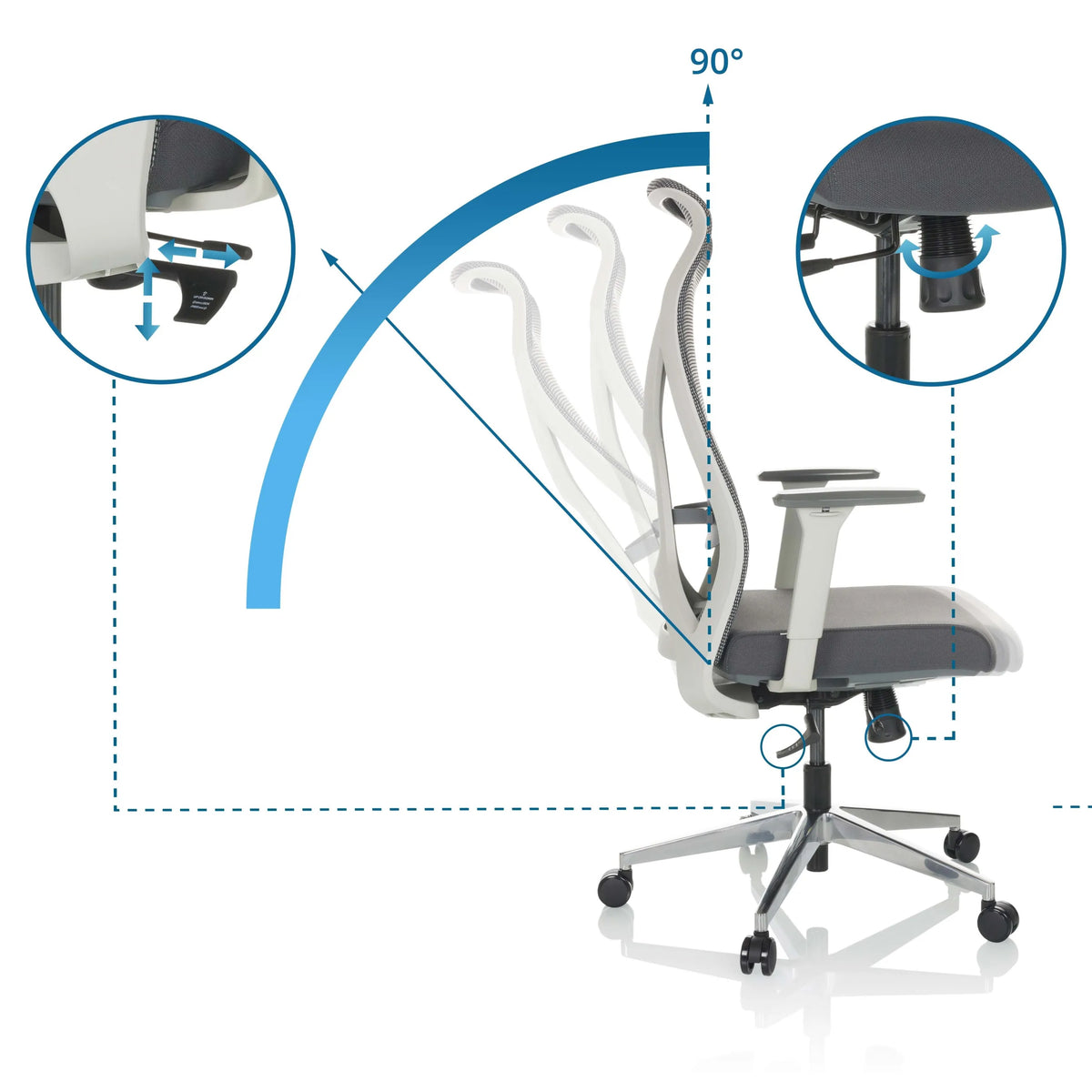 Mecanismos de ajuste e inclinación de 90 grados del respaldo de la Silla de oficina profesional AZURRO WHITE de hjh OFFICE