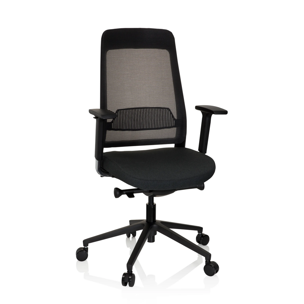 Silla de oficina profesional CHIARO T1 BLACK negra con respaldo de malla y base de cinco ruedas de hjh OFFICE – vista de 360° (vista frontal 20°)