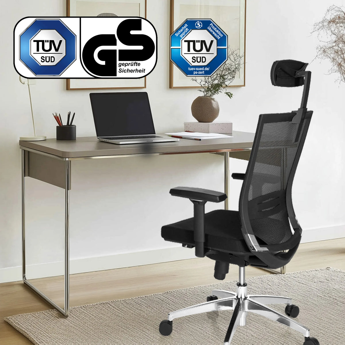 Silla de oficina profesional PORTO MAX HIGH negra con respaldo de malla y reposacabezas de hjh OFFICE