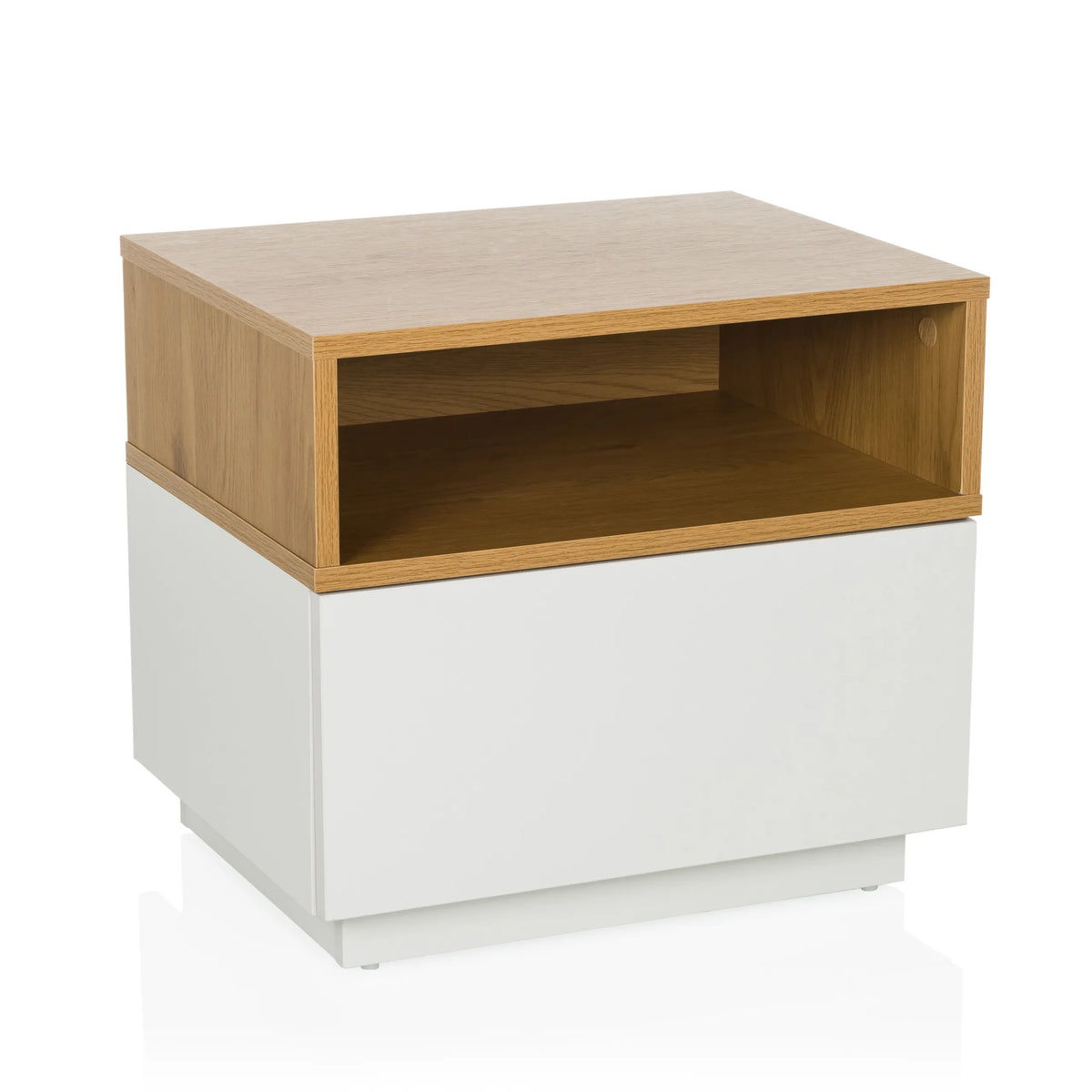 Mesa auxiliar MELMO blanca con un estante efecto roble de hjh LIVING – vista de 360° (vista frontal 15°)