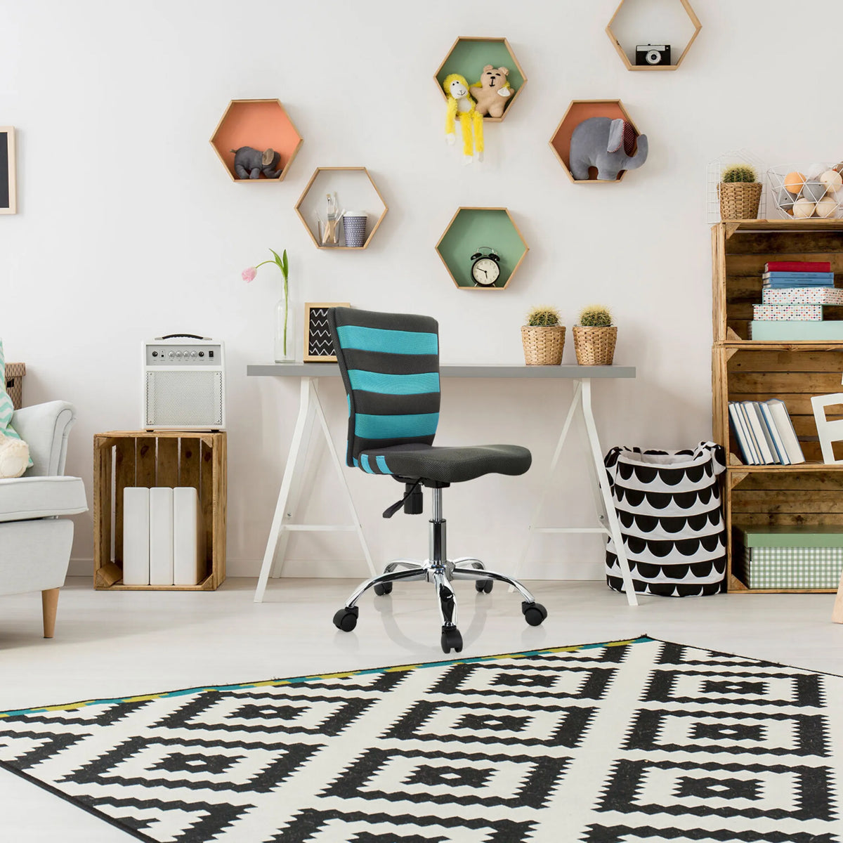 Silla giratoria para niños KIDDY COMFORT I en gris y turquesa con base de ruedas de metal de hjh OFFICE