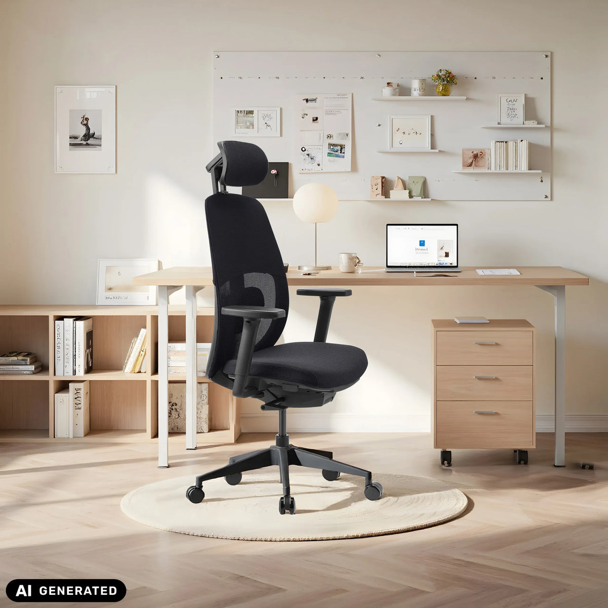 Silla de oficina profesional Skandis Pro negra con reposacabezas en una oficina en casa de hjh OFFICE (imagen generada por IA)