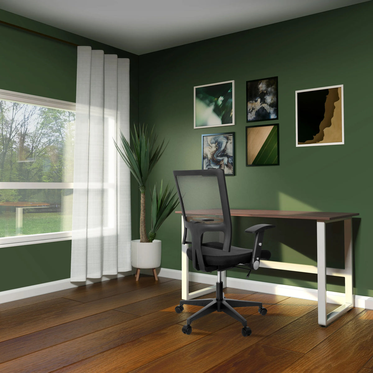 Escritorio WORKSPACE LIGHT I en nogal y blanco con base blanca en un despacho verde de hjh OFFICE