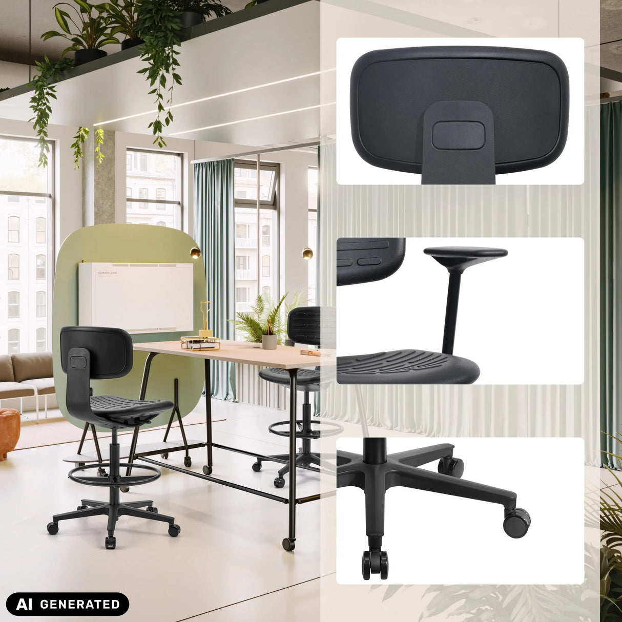 Silla de mostrador TOP WORK B negra con reposapiés y ruedas en diferentes vistas de hjh OFFICE (imagen generada por IA)