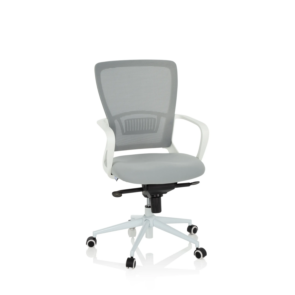 Silla Home Office ESTRIA gris con respaldo de malla y base de cinco ruedas de hjh OFFICE – vista de 360° (vista frontal 20°)