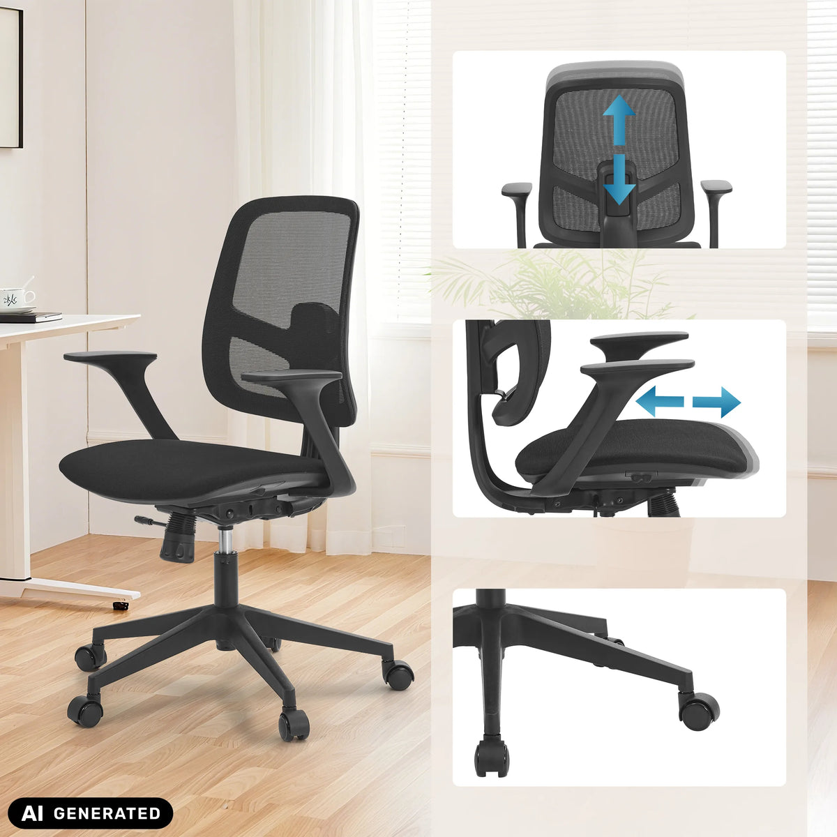 Silla Home Office Malio en negro con respaldo y reposabrazos ajustables de hjh OFFICE (imagen generada por IA)
