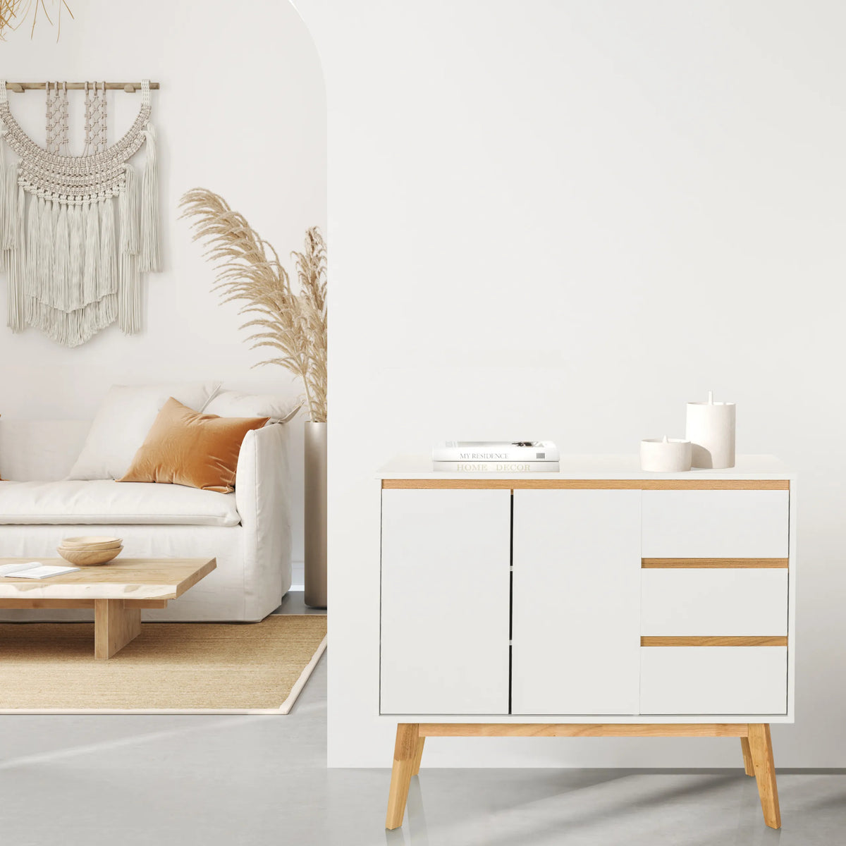 Aparador blanco TAROLO I con tres cajones y dos puertas sobre patas de madera de hjh LIVING